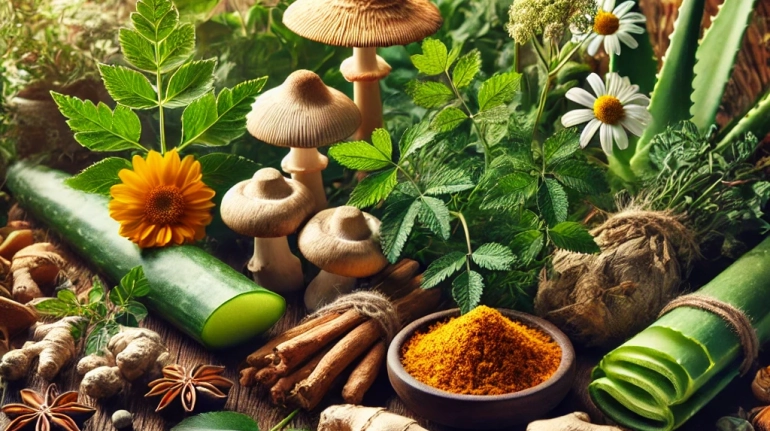 DALL·E 2025-02-12 15.26.19 - A collection of anti-inflammatory medicinal herbs including moringa leaves, Artemisia annua (sweet wormwood), Agaricus blazei mushrooms, aloe vera pla