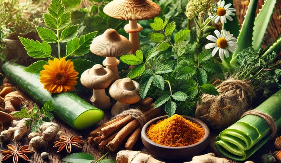 DALL·E 2025-02-12 15.26.19 - A collection of anti-inflammatory medicinal herbs including moringa leaves, Artemisia annua (sweet wormwood), Agaricus blazei mushrooms, aloe vera pla